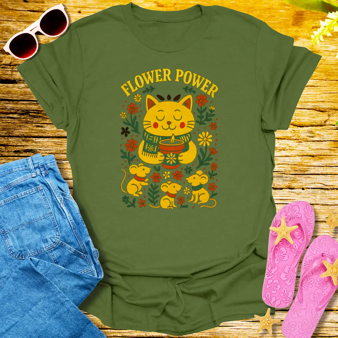 Flower Power Cat T-Shirt - Military Green