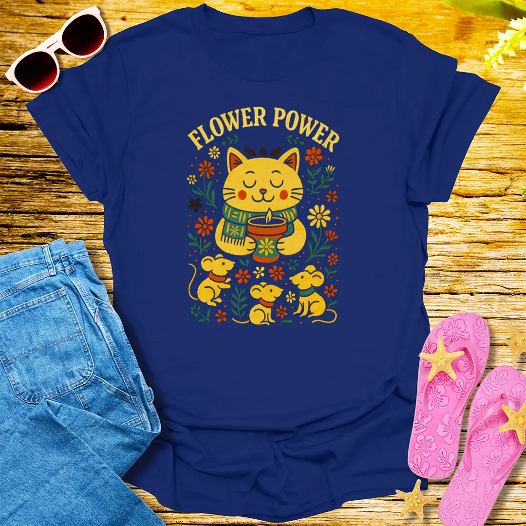 Flower Power Cat T-Shirt - Navy
