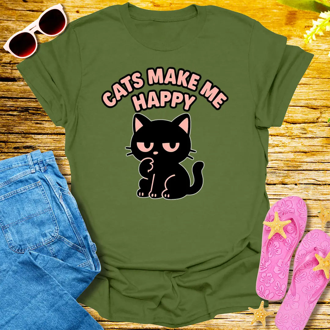 Cats Make Me Happy T-Shirt - Military Green