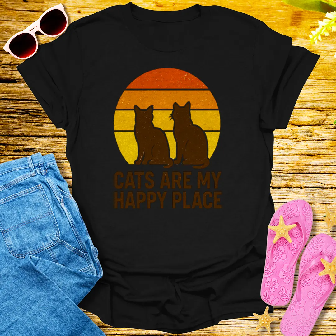 Cats Are My Happy Place T-Shirt - Black